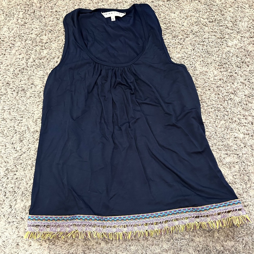 TRINA TURK‎ Navy Blue Tank Top Embroidered Fringed Hem Size S